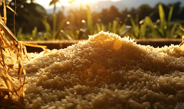 Arroz en la mesa con fondo de campo de arroz