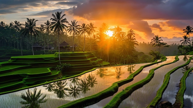 Arroz orgânico colhido ao pôr-do-sol A beleza de Bali