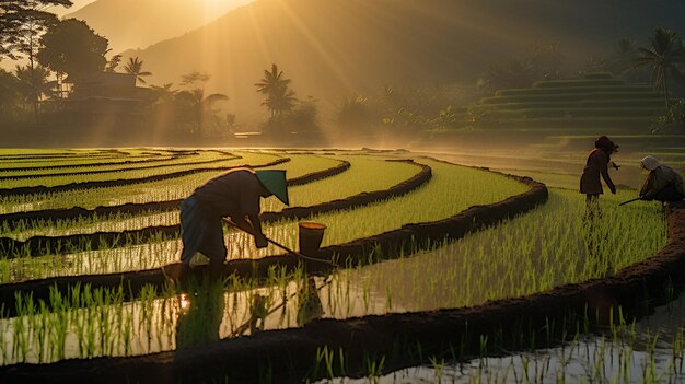 Arroz orgânico colhido ao pôr-do-sol A beleza de Bali