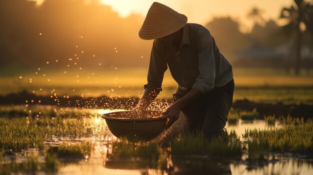 Arroz orgânico colhido ao pôr-do-sol A beleza de Bali