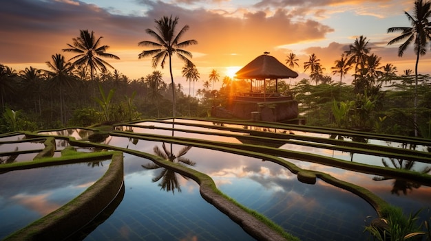 Arroz orgânico colhido ao pôr-do-sol A beleza de Bali