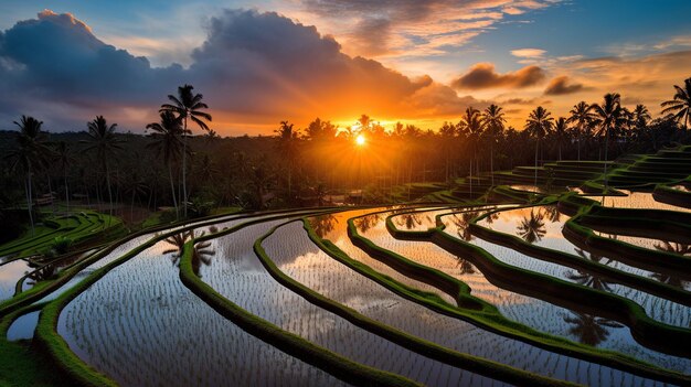 El arroz orgánico cosechado al atardecer La belleza de Bali