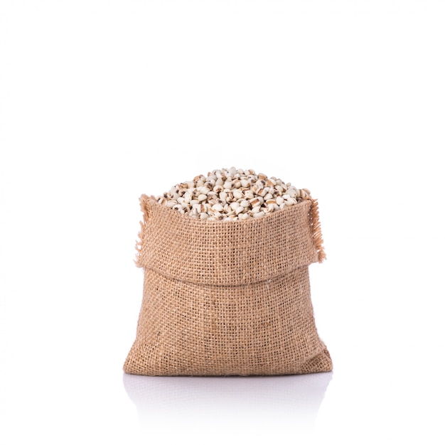 Foto arroz painço ou grãos de milho em saco pequeno.