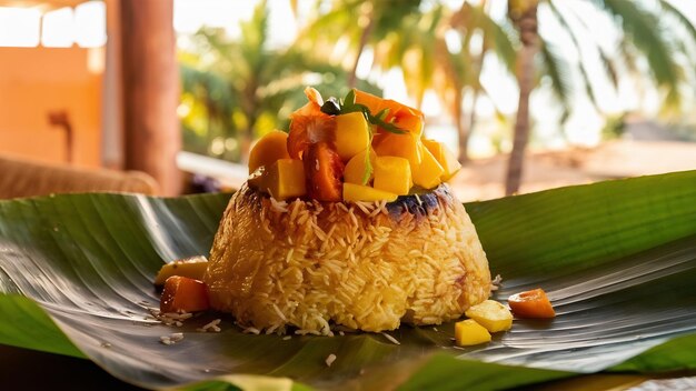 Foto arroz pegajoso en la hoja de plátano