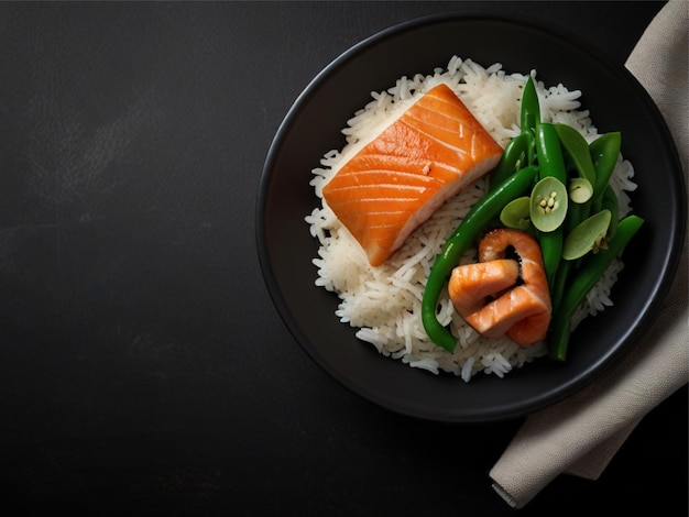 Arroz con pescado rojo frijoles verdes y espinacas en un plato negro dieta vista superior espacio libre para el texto