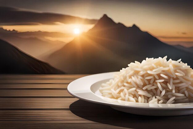 arroz en un plato con una puesta de sol en el fondo