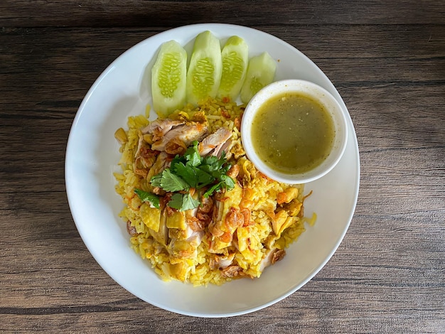 Arroz con pollo Biryani en la mesa de madera