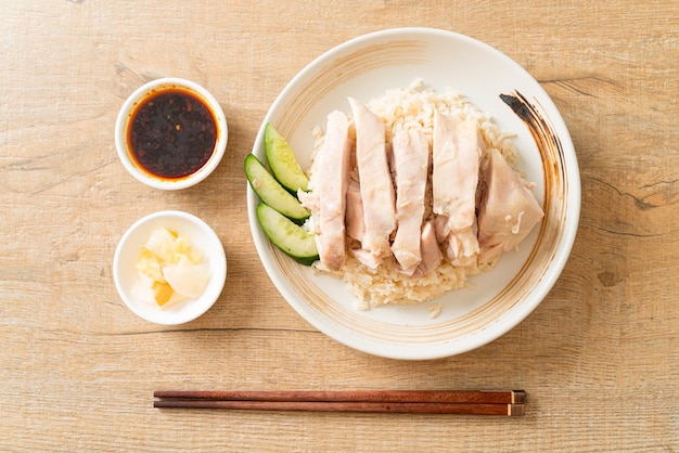 Arroz con pollo de Hainan o arroz al vapor con sopa de pollo - estilo de comida asiática