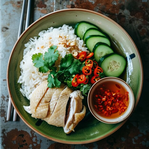 Foto arroz de pollo hainanés pollo al vapor con arroz khao mun kai con salsa estilo de comida asiática