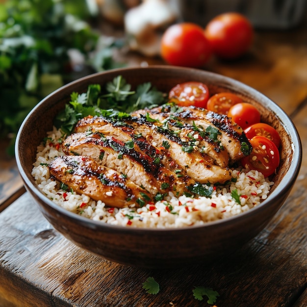Arroz de pollo picante con cilantro y tomates