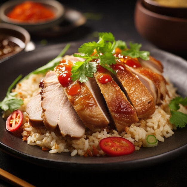 Arroz de pollo tierno, granos sabrosos y pollo jugoso frente a un llamativo lienzo negro