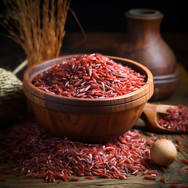 Arroz rojo en un cuenco de madera en la mesa