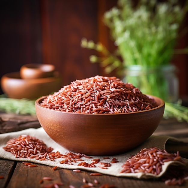 Arroz rojo en un cuenco de madera en la mesa