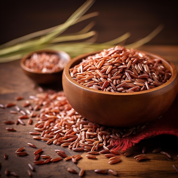 Arroz rojo en tazón de madera generado por IA