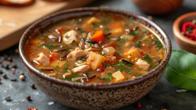 Arroz salvaje casero y sopa de pollo en un cuenco