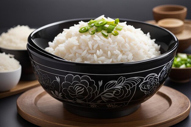 Arroz steamed branco em tigela redonda preta