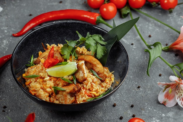 Arroz tailandês com frango