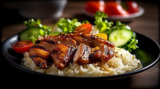 Arroz teriyaki de pollo a la parrilla en un fondo de restaurante generado AI