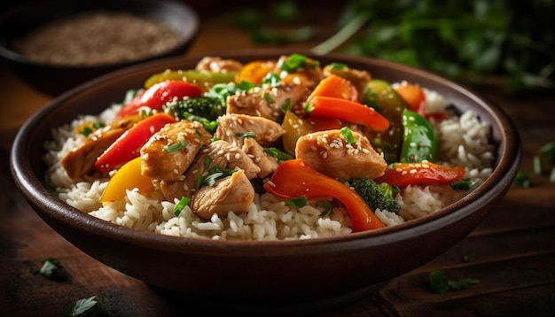 Arroz vegetal frito saudável com carne grelhada gerada por IA