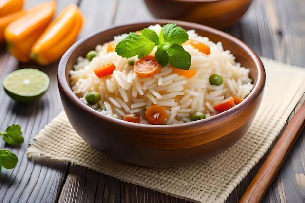 Arroz con verduras y arroz en una mesa de madera