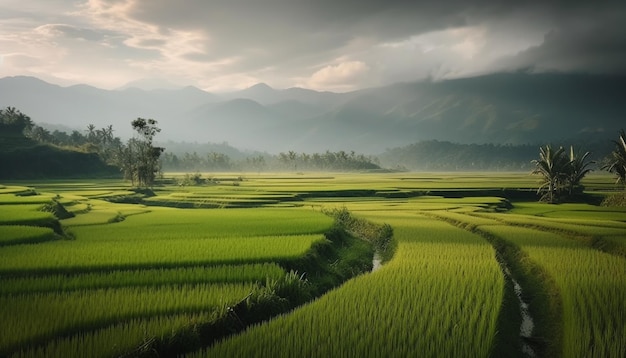 Arrozais em terraços curvam-se através da cordilheira de Bali, uma beleza rural gerada por IA