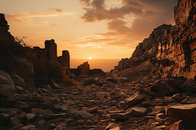 Arruinado castelo medieval rua ao pôr do sol escuridão destruído abandonado