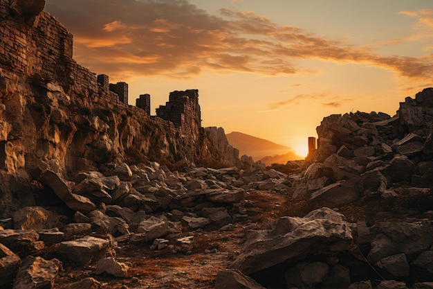 Foto arruinado castelo medieval rua ao pôr do sol escuridão destruído abandonado