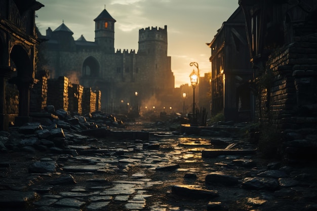 Foto arruinado castelo medieval rua ao pôr do sol escuridão destruído abandonado