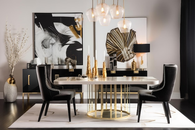 Art-Deco-Esszimmer mit eleganten und modernen Möbeln, stilvollen Accessoires und einzigartigen Kunstwerken