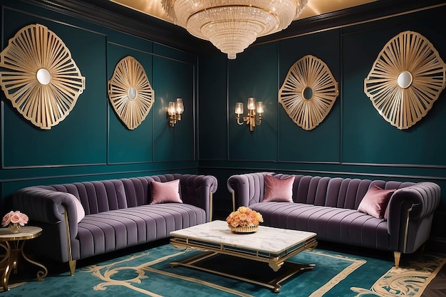 Art-Deco Gatsby-inspirierte Lounge mit Samt Sitzgelegenheiten