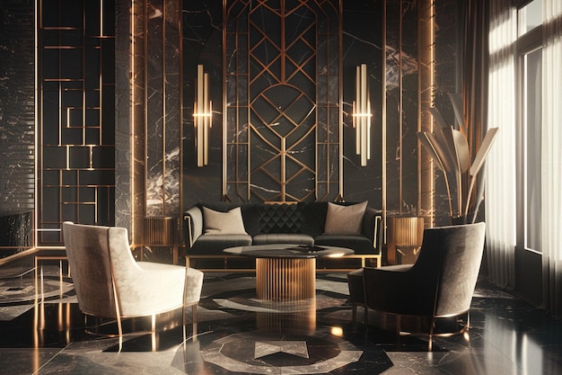 Art-Deco-inspirierte Lounge mit Samtmöbeln und