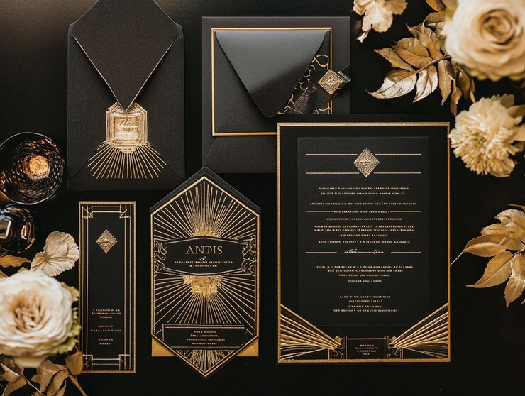 Foto art deco-inspiriertes design mit goldfolie und embossing