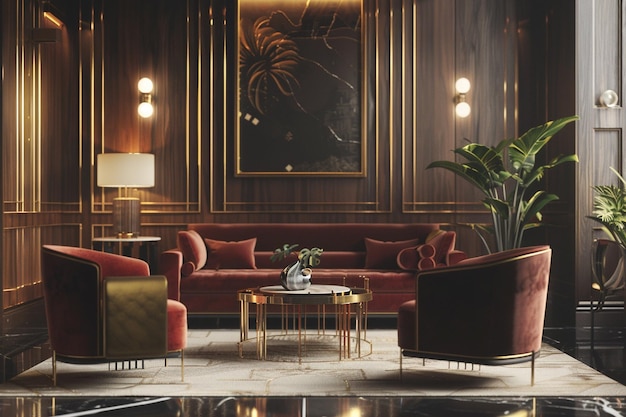 Art-Deco-inspiriertes Wohnzimmer mit Samtmöbeln