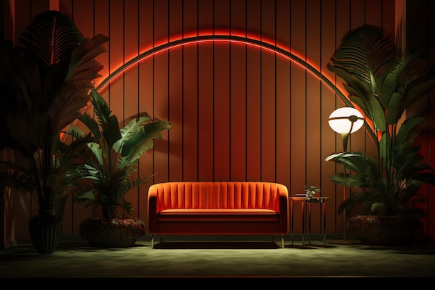 Art-Deco-Interior-Design mit orangefarbener Sofa-Lampe und üppigem Grün. Helle Beleuchtung und ergänzende