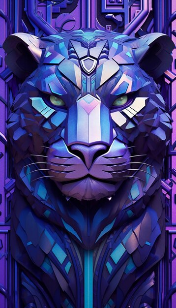 art deco morado y azul de una cabeza de tigre con patrones geométricos ai generativo