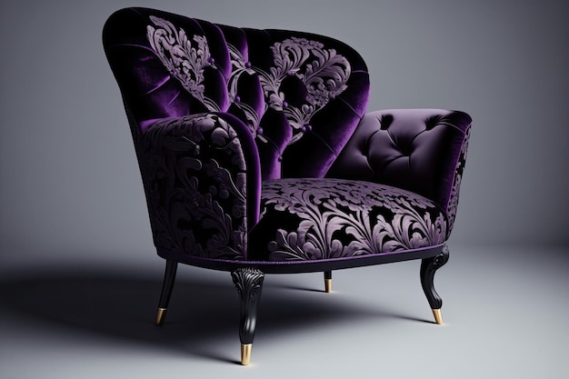 Art-Deco-Sessel aus schwarzem Samt mit violettem Blumenmuster und schwarzen Holzbeinen isoliert auf Weiß