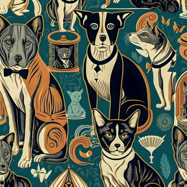 Art-Deco-Stil Hunde und Katzen Muster körnige Textur