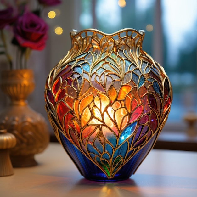 Art Design Gold Hour Stained Glass. Die Innendekoration der Vase ist wie ein rotes Herz für Blumen