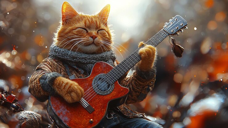 Foto art_nouveau_cat_playing_guitar_4k_model_for_display