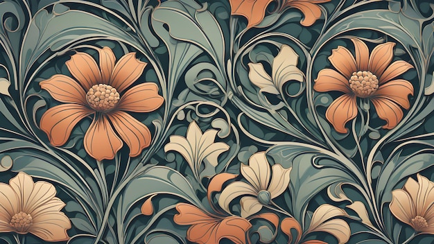 Art Nouveau-Designmuster mit Blumen, Blättern und Reben