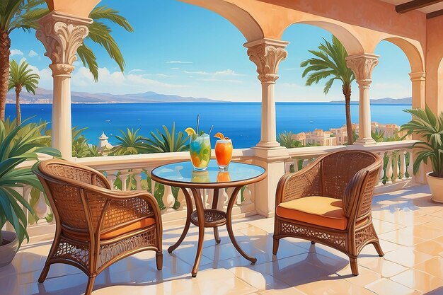 Art Nouveau künstlerisches Bild von Stühlen und einem Tisch mit Getränken auf einer Hotelterrasse mit Blick auf den mediterranen Sommerstrand und Villen im Hintergrund Palmen Pflanzen weiche helle warme Farben