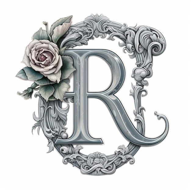 Art Nouveau Letra R con la flor de la rosa gris Clipart