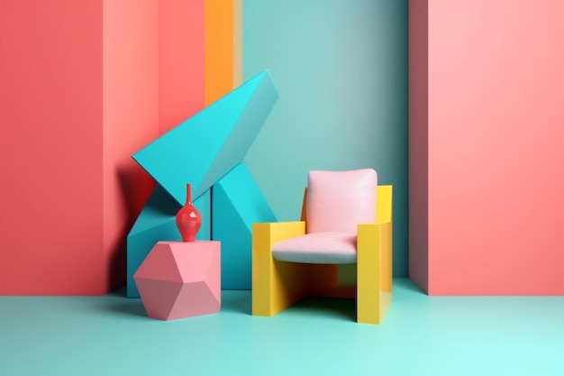 Art Room farbenfrohes Design Memphis Home Sessel Interieur pastellgeometrisches Sofa Generative AI