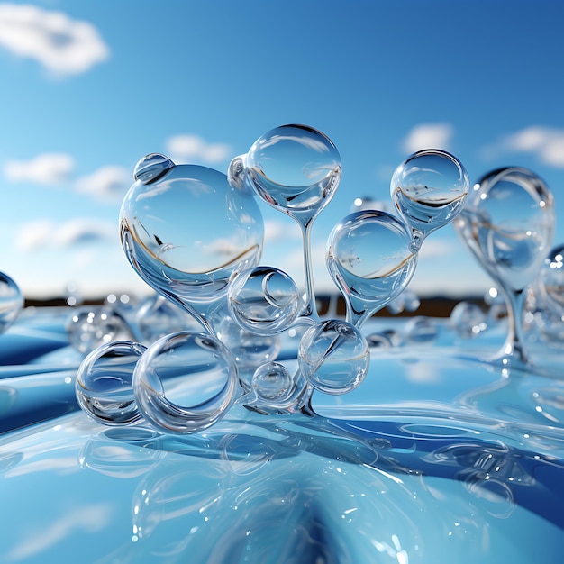 Arte 3d abstracto con pompas de jabón transparentes flotando en el fondo del cielo