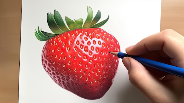 Arte 3D apresentando imagem de morango realista de desenho manual com IA generativa a lápis