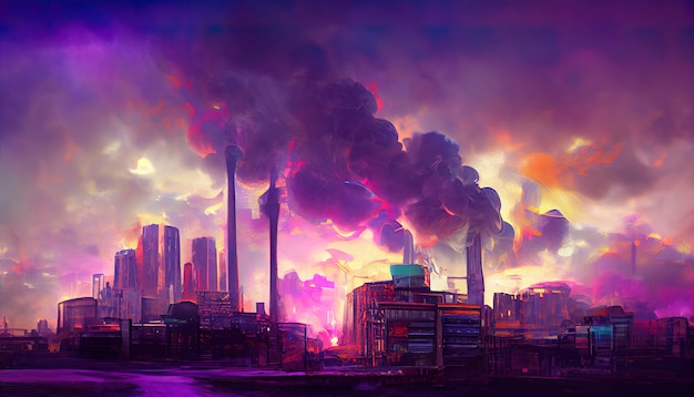 Arte 3D Cidade distópica do cyberpunk com fumaça e céu roxo