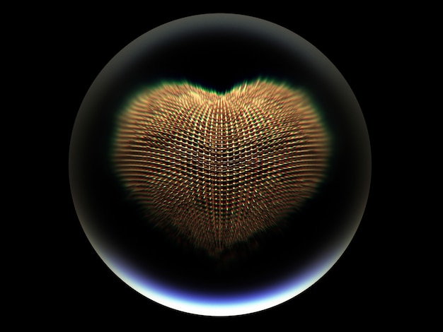 Arte 3d com bball de vidro com coração surreal de metal ouro dentro sobre fundo preto