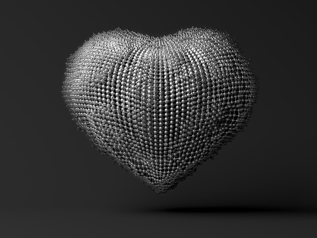 Arte 3D con corazón de metal abstracto en gris