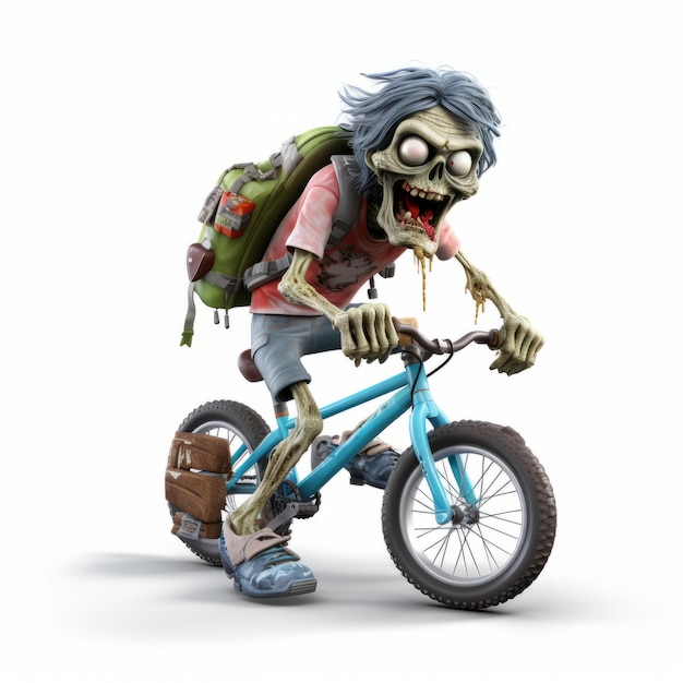 Foto arte 3d de energia juvenil de um zumbi a andar de bicicleta com uma mochila