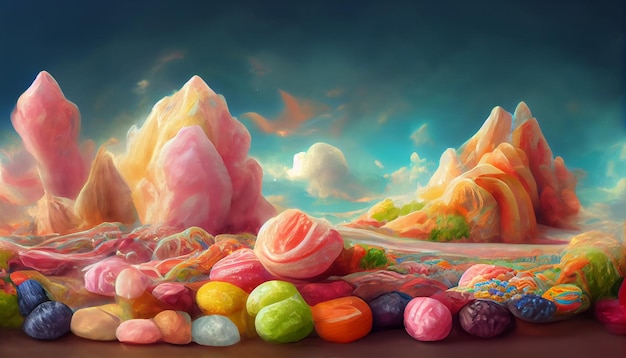 Foto arte 3d paisagem de doces pastel coloridos como fundo de fantasia